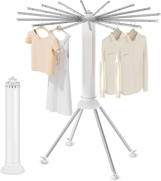 Four-Legged Clothes Drying Rack, Portable and Foldable Space Saving Laundry Drying Rack, Outdoor Folding Dry Rack with 4 Pulleys & 16 Poles, Collapsible Aluminum Indoor Dry Rack for Balcony, Poolside