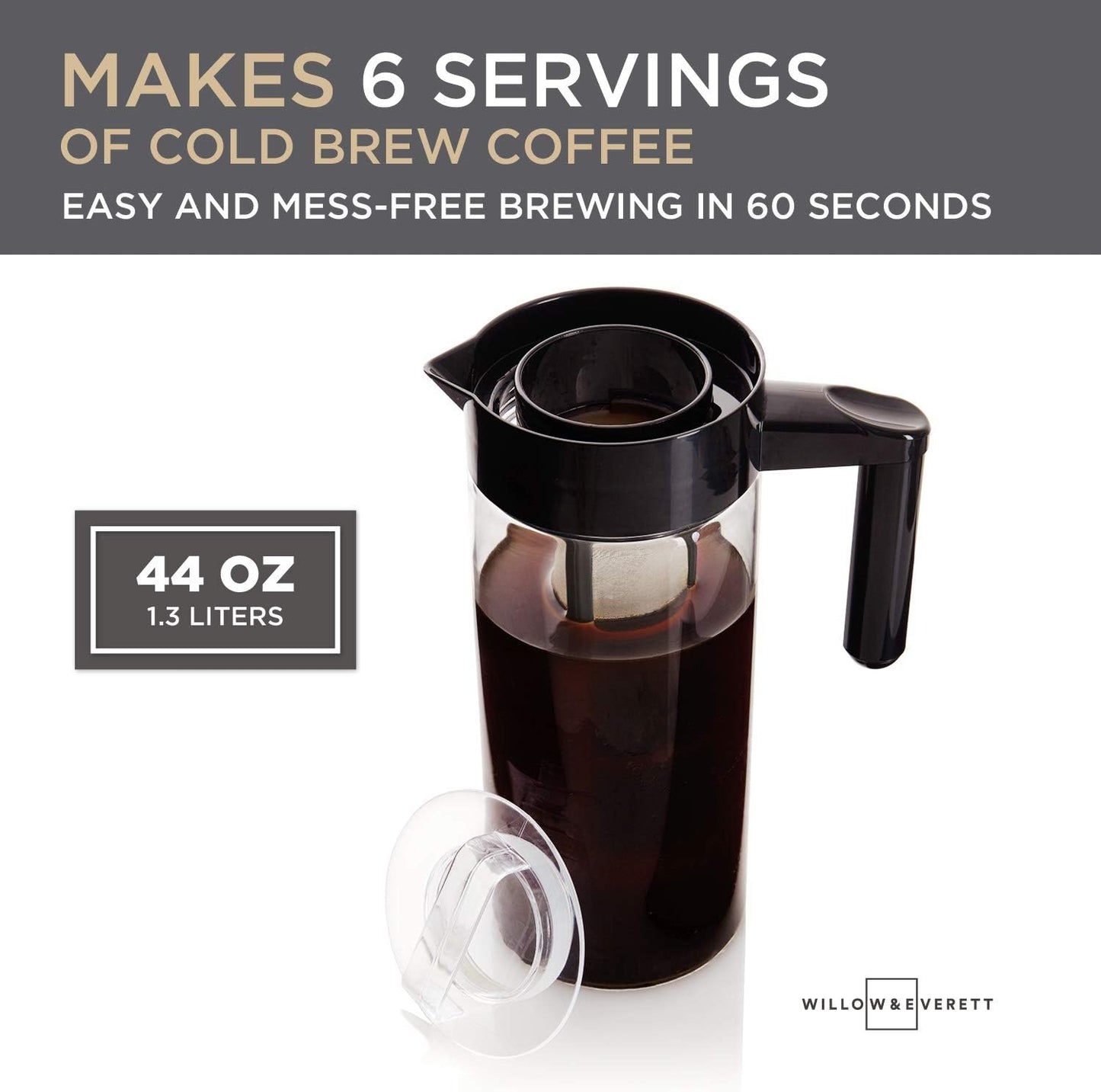 Willow & Everett Cold Brew Coffee & Iced-Tea Maker Pitcher, 1.3 L Glass Dispenser Metal & Plastic Lid Mesh Filter Iced Coffee & Sun Tea Brewing System