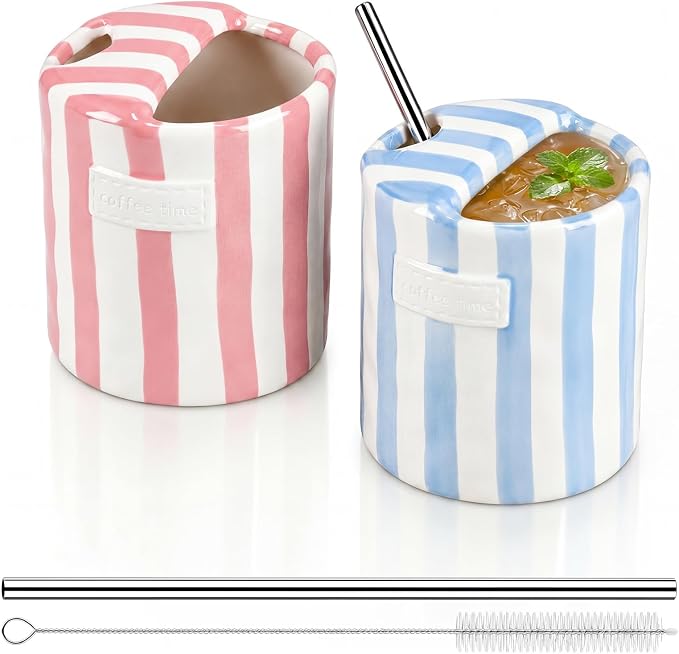 2 Pack Ceramic Coffee Mug with Sip Hole Espresso Cup 10oz with Straws Retro by Ferrochef