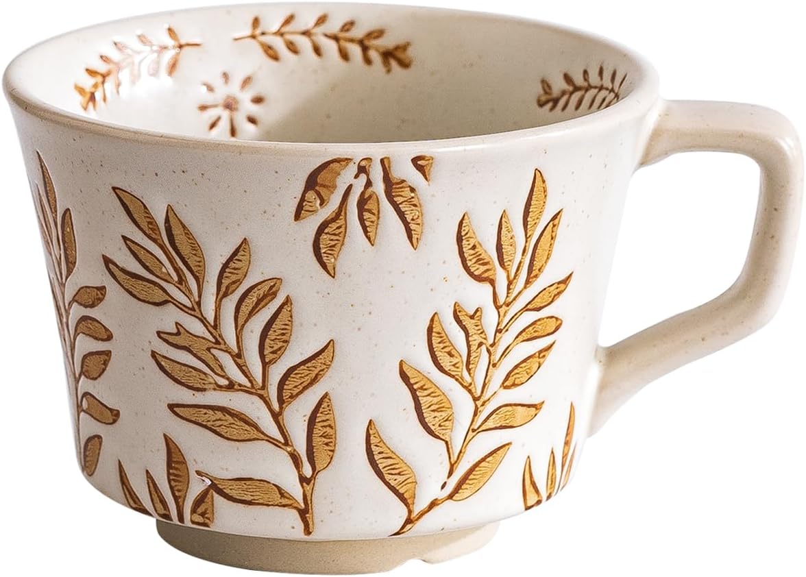 Ceramic Mug Set of 1 With Gold Spoon, 11oz - Vintage Coffee Mug, Pottery Cups for Milk, Latte, Cappuccino, Tea - Porcelain Dishwasher, Microwave Safe Stoneware 1 PCS Brown Leaf Cup