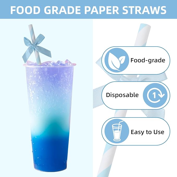 50pcs Blue Bow Straw, 7.7inch Biodegradable Cute Girly Paper Cake Pops Treat - Image 4
