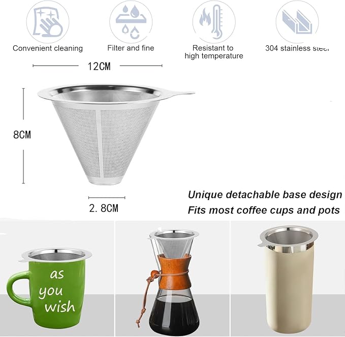 Pour Over Coffee Maker, Coffee Filter, Slow Drip Paperless Stainless Steel Cone - Image 2