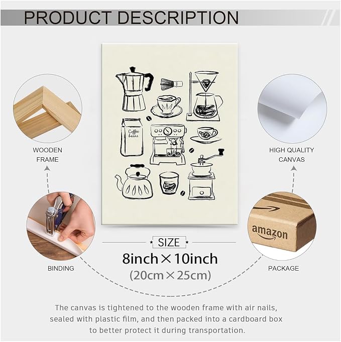 Wrapped Framed Modern Kitchen Wall Art 08x10 inch Black and White Minimalist - Image 2
