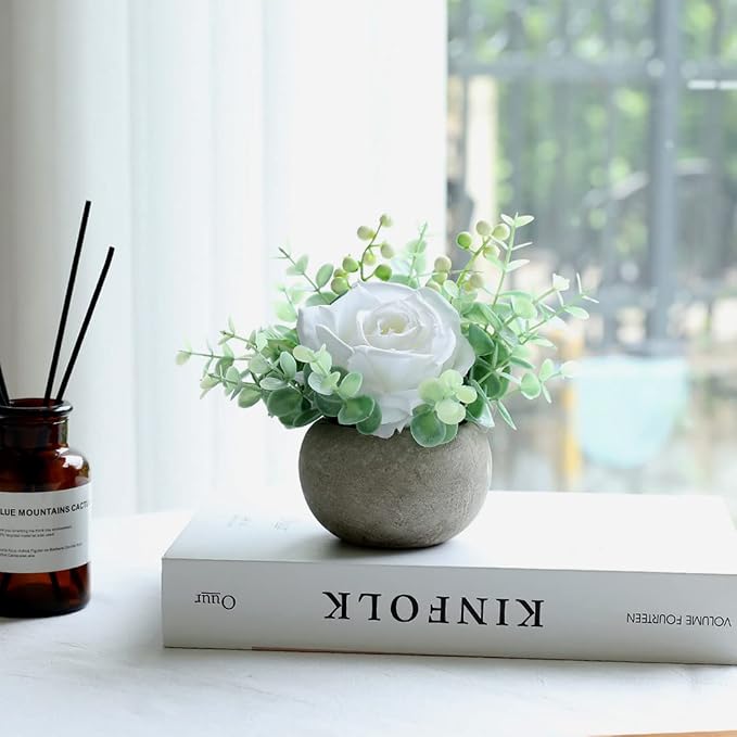 Small Artificial White Rose Potted Plant, Mini Faux Floral Arrangement - Image 5