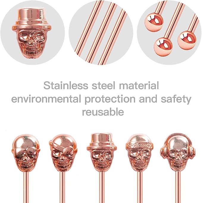 Skull Shape Swizzle Sticks, Reusable Stainless Steel Coffee Beverage Stirrers - Image 3