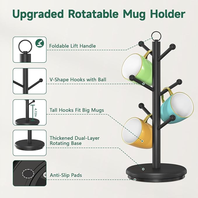 EsLuker.ly Mug Holder Tree Bamboo 360° Rotating Coffee Cup Display Rack - Image 4