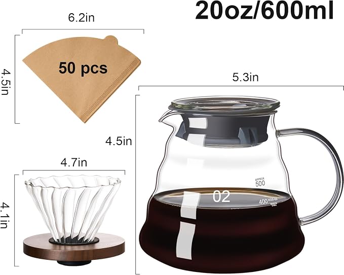 gegewawa Pour Over Coffee Maker Set 20 OZ, Borosilicate Glass Coffee Server - Image 5