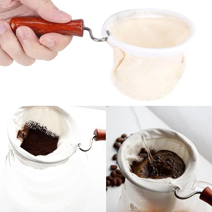 Coffee Strainer Cloth with Wooden Handle Coffee Filter Reusable Cafe Cloth Bag - Image 3