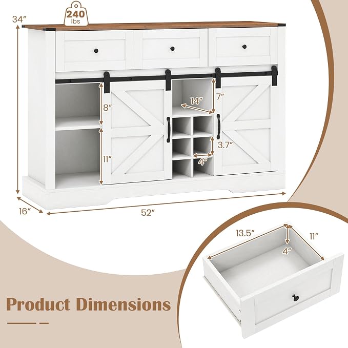 Giantex Wine Bar Cabinet with LED Lights, 3 Drawer, Adjustable Shelf, 12 Bottle - Image 3