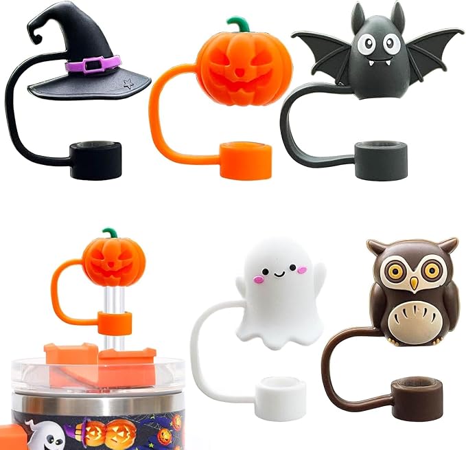 5PCS Halloween Straw Cover Cap for Stanley Cup，10mm Reusable Pumpkin Silicone by Gieehiol