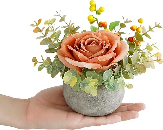Small Artificial 2pcs Orange Rose Potted Plant, Mini Faux Floral Arrangement - Image 2