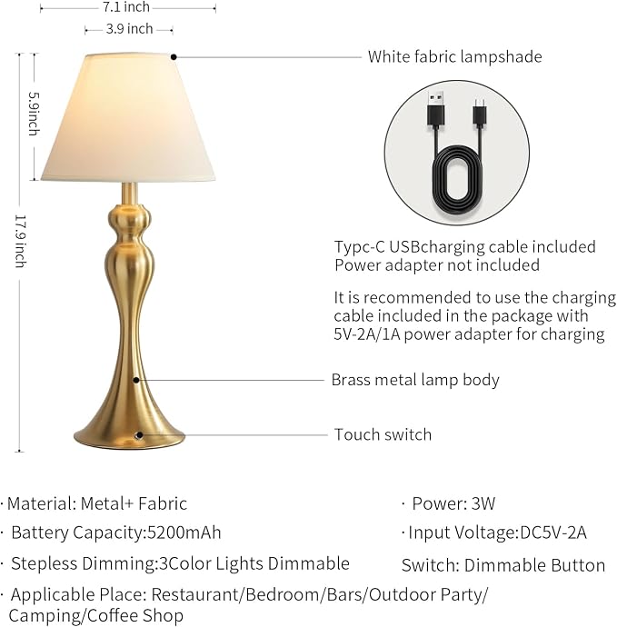Cordless Table Lamp, Portable Fabric Shade LED Desk Lamps, 5200mAh Battery - Image 3
