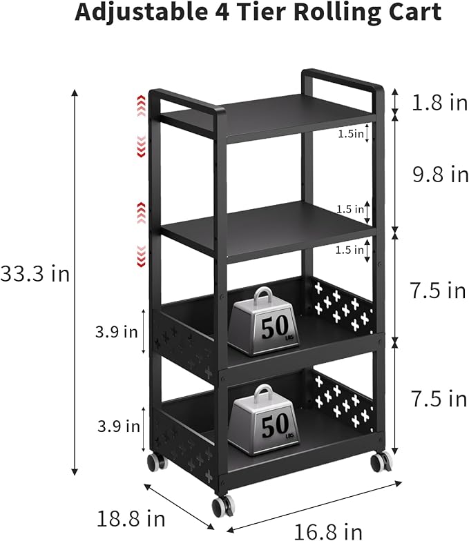 Adjustable 4 Tier Rolling Cart Metal Utility Carts - Image 4