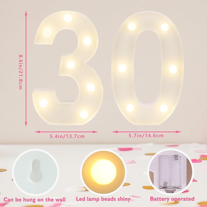 Light Up 30 Number Lights, Warm White Decorative LED Light Up Numbers, Battery - Image 2