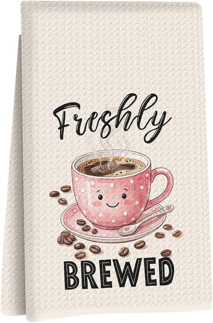 Freshly Brewed Coffee Kitchen Towels, Cute Pink Cup Print Reusable Dish Cloth by Unknown