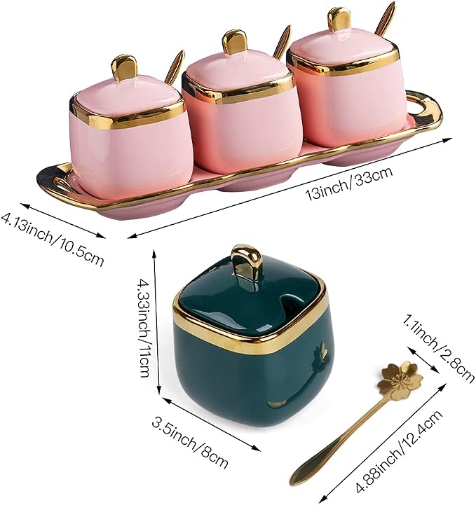Pink Sugar Bowl with Lid and Spoon, Ceramic Condiment Jars Spice Container with - Image 6