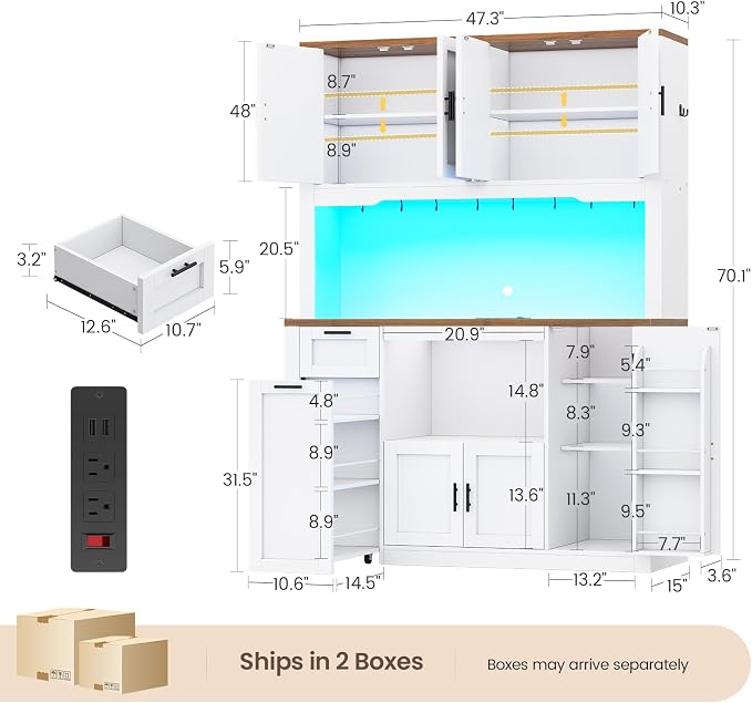 Itaar 71" Pantry Cabinet with Charging Station and LED Light, Kitchen Pantry - Image 2