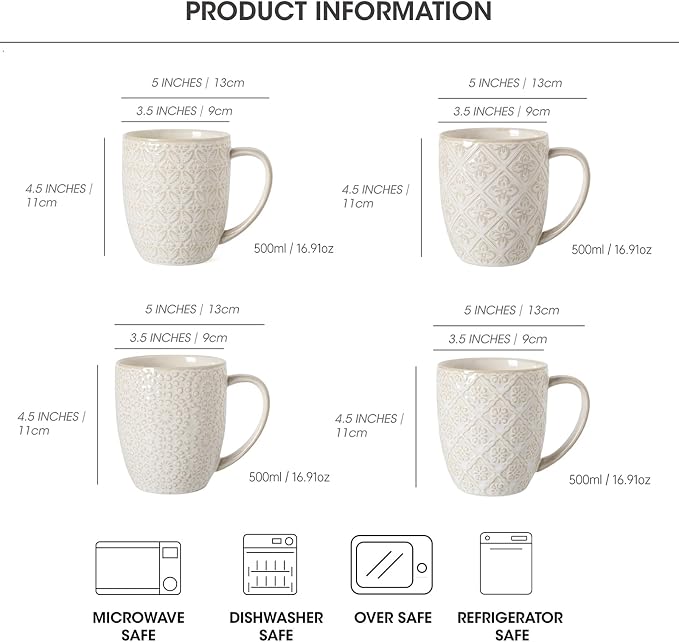Coffee Mugs Set of 4, 16 Oz Ceramic Coffee Mugs, Large Porcelain Embossed Cups - Image 7