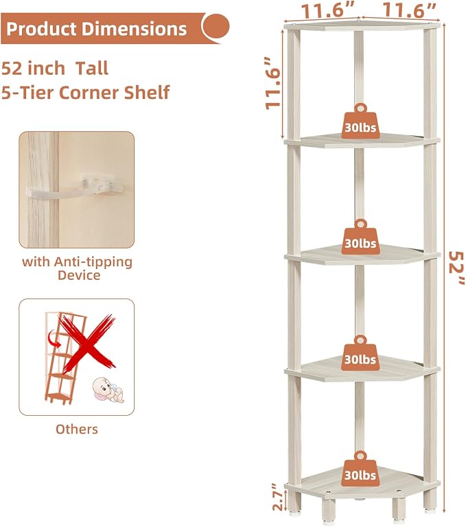 YUFAM 5-Tier Corner Shelf with Sturdy 5-Leg Base, Wooden Corner Bookshelf - Image 2