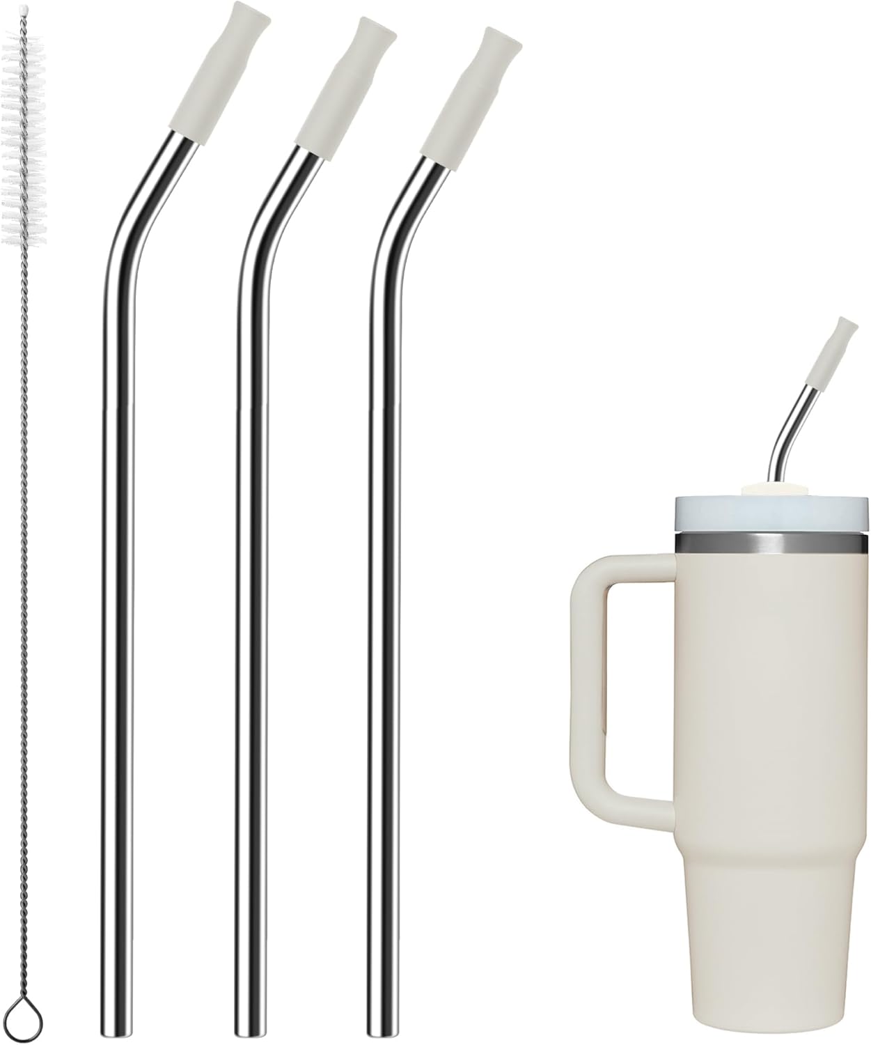 Reusable Stainless Steel Straws with Silicone Tip for Stanley 30oz, Metal Drinking Straws for 30oz Tumbler,3 Bent Tubes & 1 Cleaner Brush (Cream)