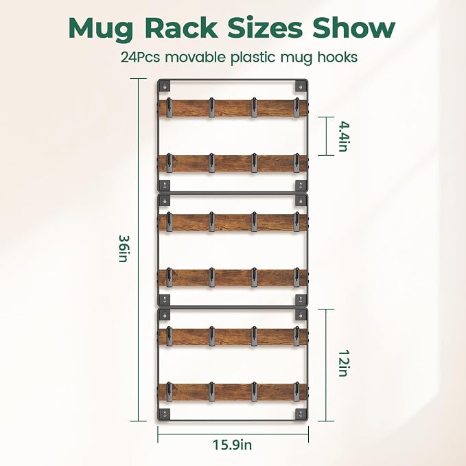 EsLuker.ly Mug Holder Hanger Rack Wall Mounted Wooden 3 Pack Coffee Cup Storage - Image 4
