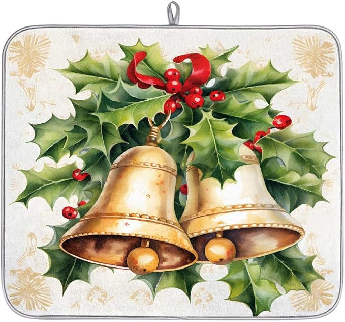 Christmas Holly Leaves And Bells Dish Drying Mat, Kitchen Counter Quick Dry Pads by Unknown