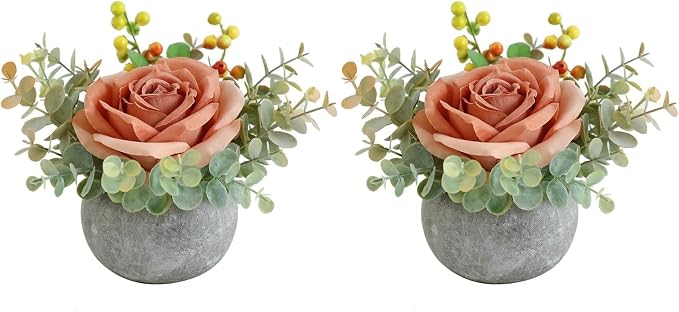 Small Artificial 2pcs Orange Rose Potted Plant, Mini Faux Floral Arrangement by RosscerArtificialFlowers