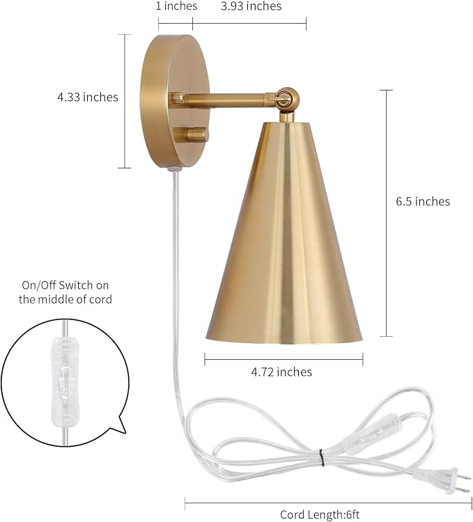 MWZ Gold Wall Sconces Set of Two Plug in, Brass Modern Dimmable Sconces - Image 4