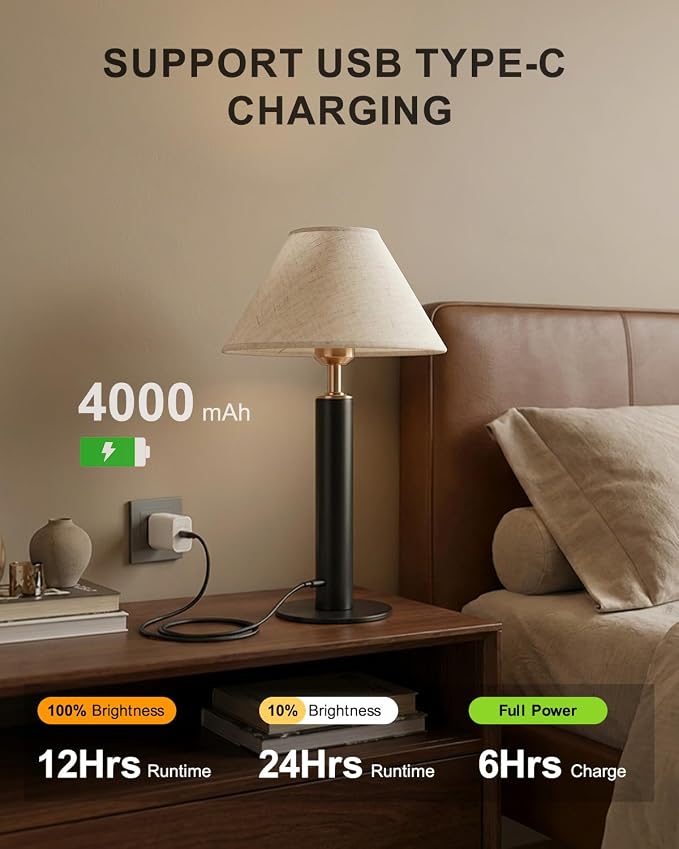 FRIDEKO Cordless Rechargeable Table Lamp, Small Nightstand Lamp, 4000mAh - Image 5