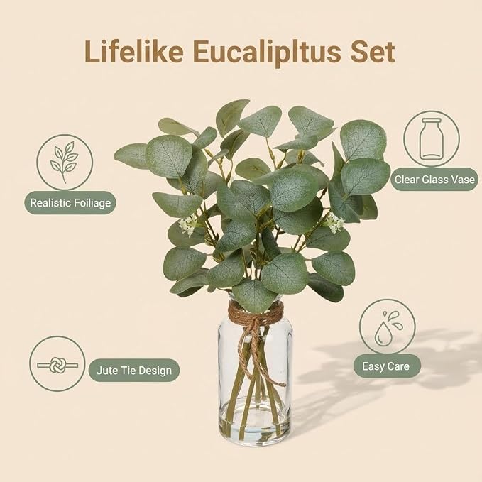 Briful Artificial Eucalyptus Stems in Glass Vase - Image 6