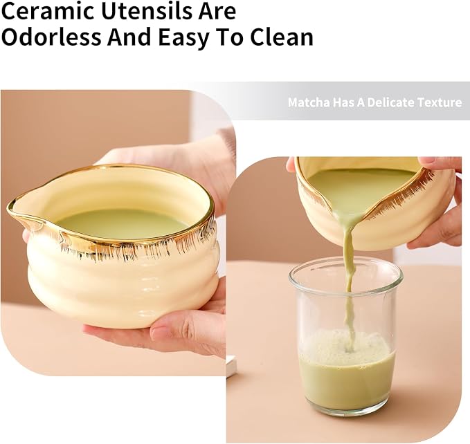 7-Piece Matcha Whisk Set – Yellow Spouted Ceramic Bowl - Image 4