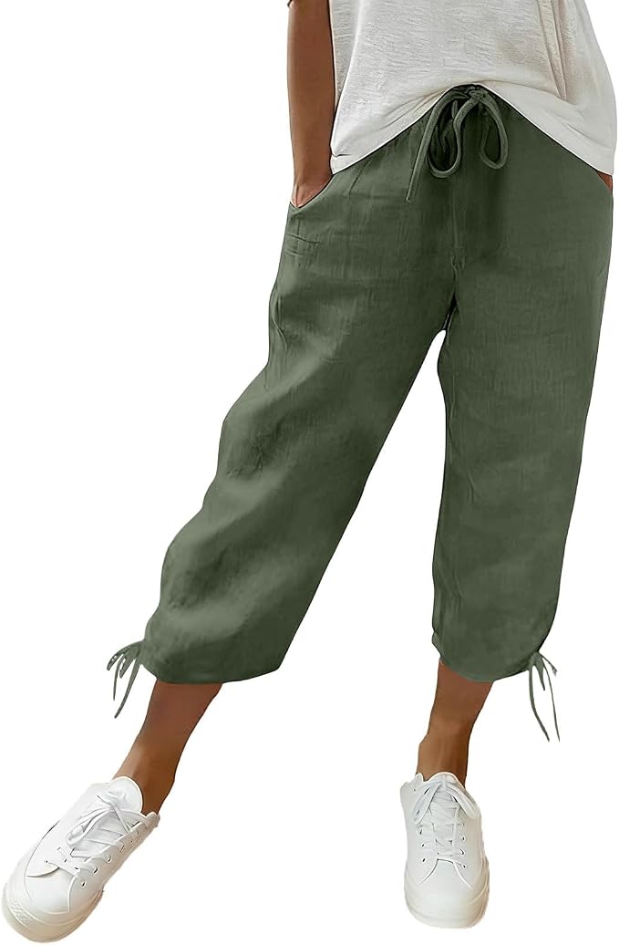 Linen Capri Pants for Women Drawstring Elastic Wide Leg Trouser 2026 Summer by Unknown