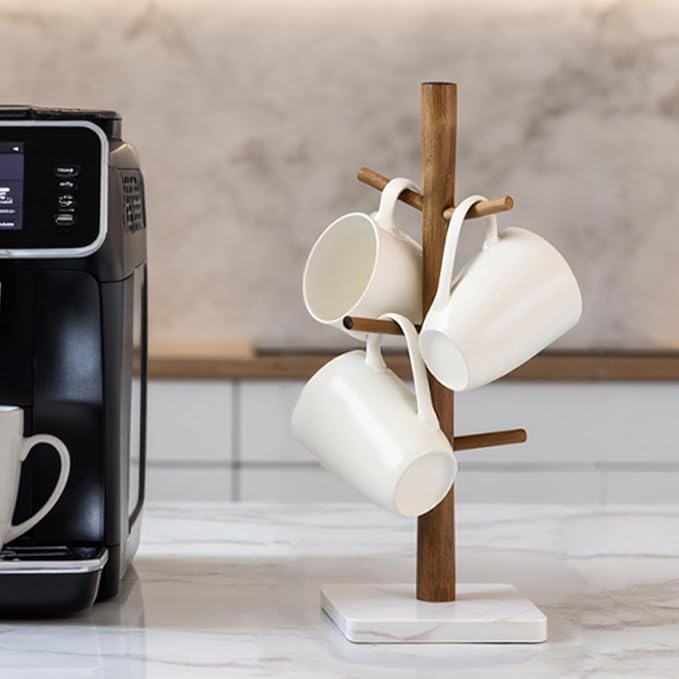 Buruis Wood Mug Holder, Marble Base Cup Rack Tree, Cup Stand Hanger, Kitchen - Image 2