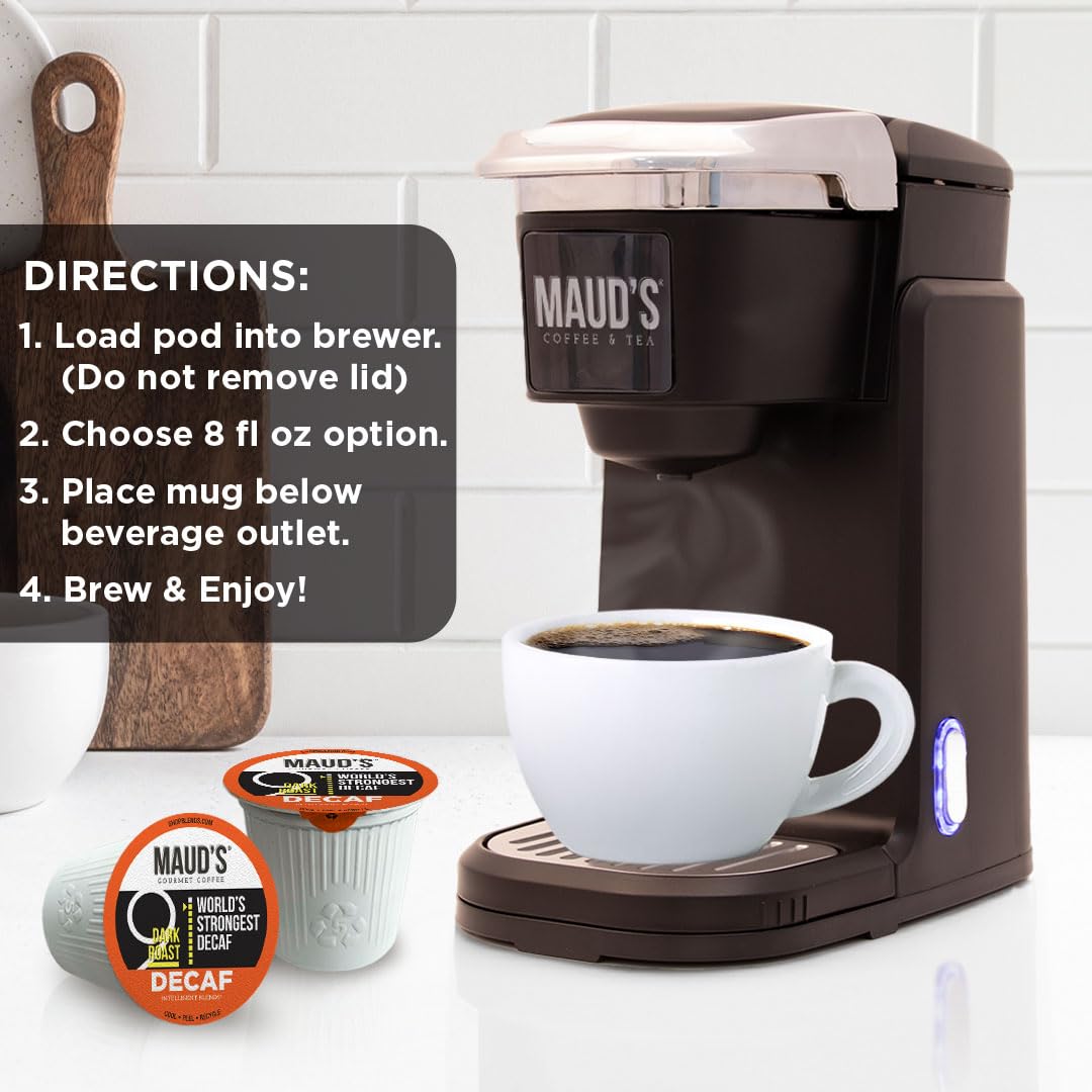 Maud's World's Strongest Decaf Coffee Pods, 200 ct, Decaffeinated Dark Roast Coffee in Recyclable Single Serve Pods – 100% Arabica Coffee, Compatible with Keurig K Cups Maker