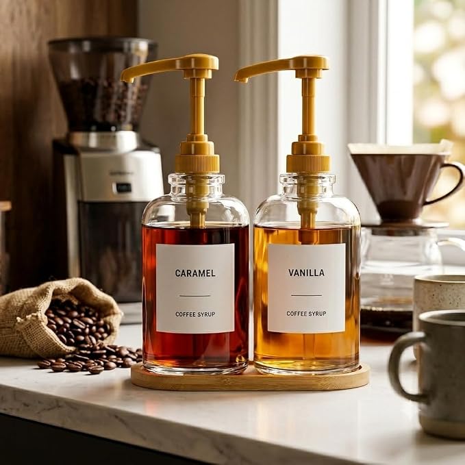 Coffee Syrup Dispenser with Tray, 2 Pack 16oz Glass Coffee Syrup Bottles with - Image 4