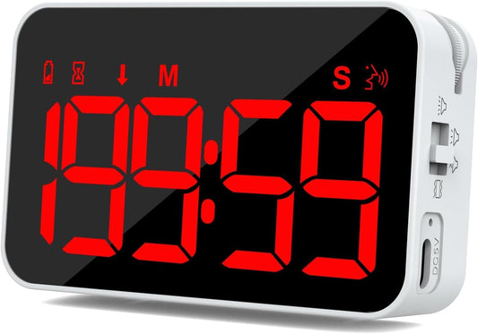 Digital Timer for Kids, 199min 59s Countdown/Up, Rechargeable, Magnetic, 3 Brightness Display, 3 Volume Levels and Vibration, with Sound Alert Function, for Kitchen, Classroom, Study, Fitness