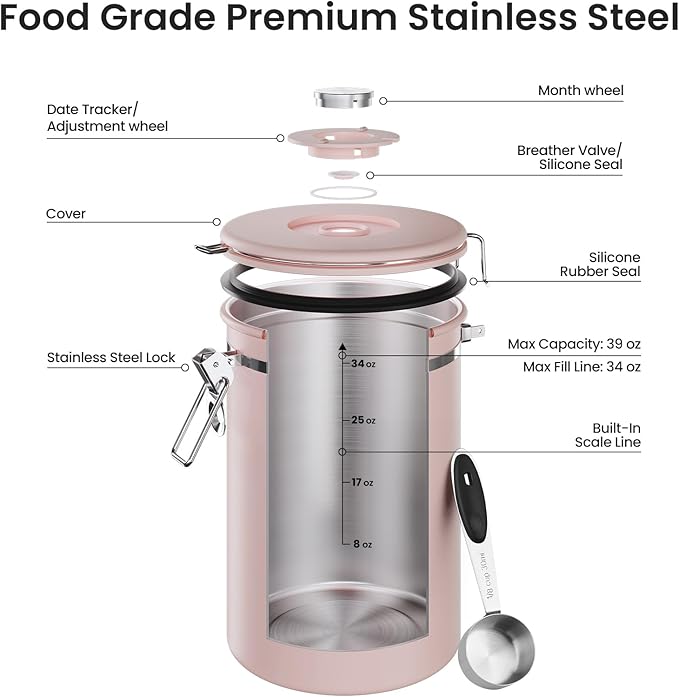 Veken Coffee Canister, 39OZ Large, Airtight Stainless Steel Food Storage - Image 4