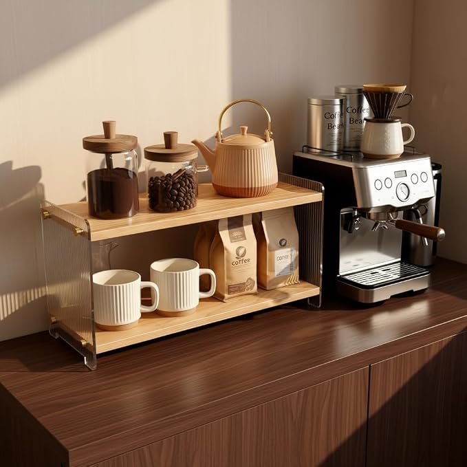Coffee Station Organizer 2 Tier, Solid Wood Mug Shelffor Coffee Bar, Matcha - Image 3