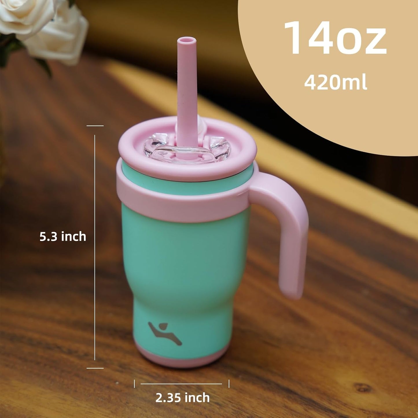 14 oz Tumbler with Side Handle, Insulated Water Bottle with Straw and 2 in 1 Lid, Stainless Steel Cup Travel Coffee Mug for Sports Office Gym,Ice Blue