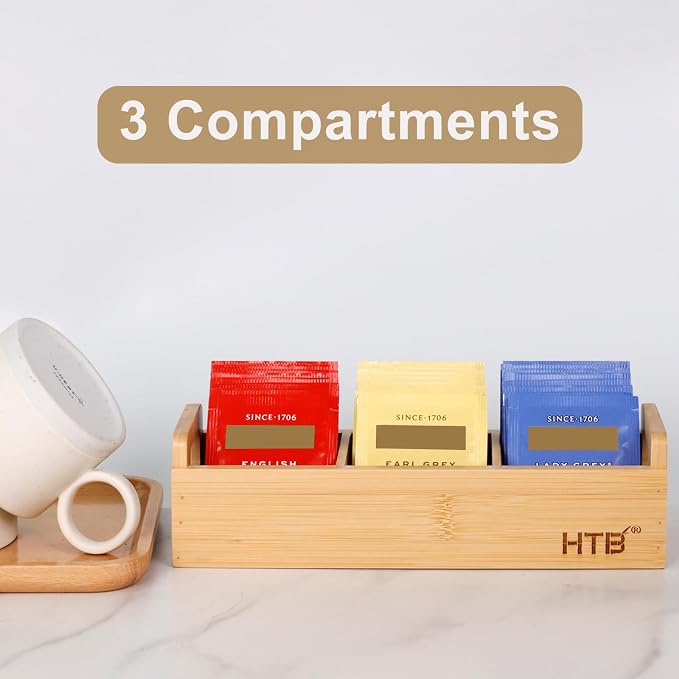 HTB Small Tea Bag Holder Pack of 2, Bamboo Tea Organizer 3 Compartments - Image 6