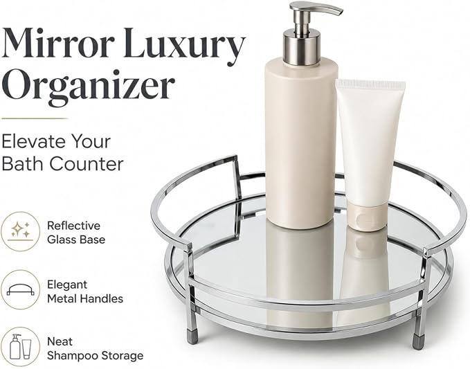 Round 12" Silver Mirror Decor Tray, Metal Mirror Serving & Glass Vanity & - Image 9
