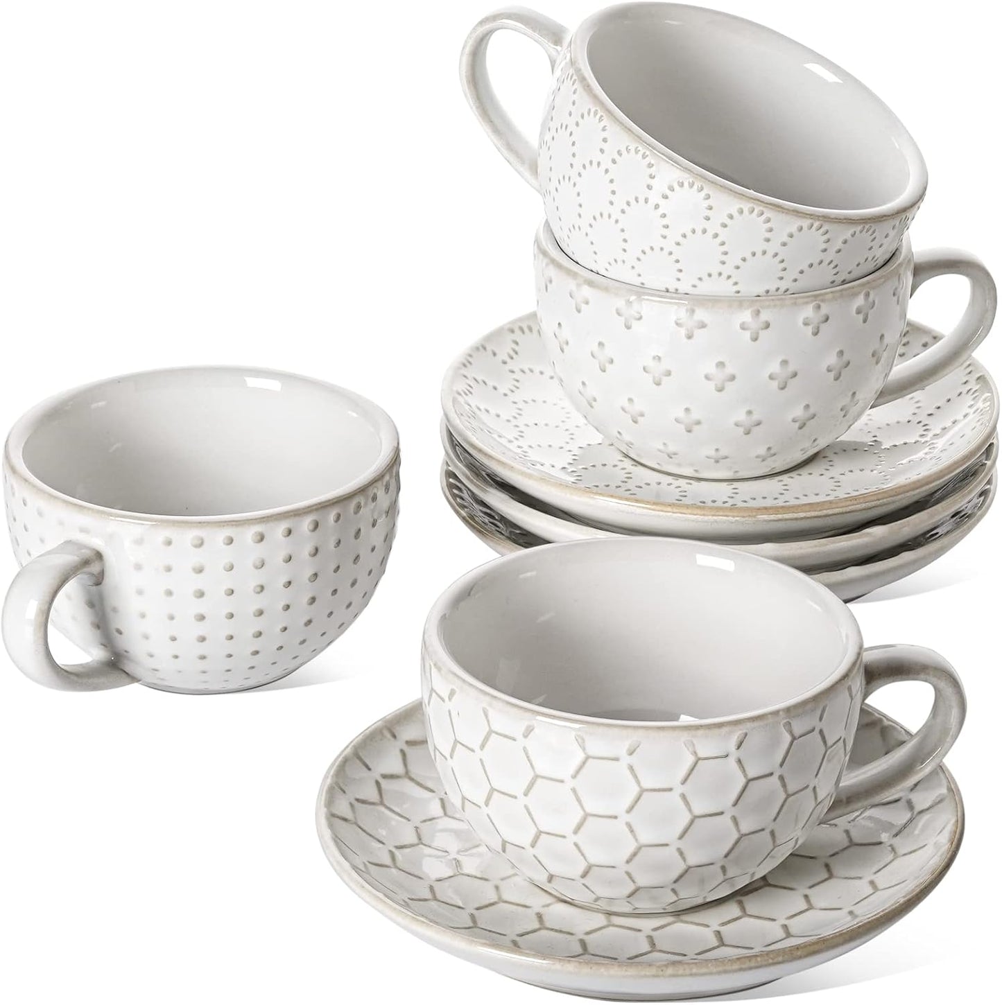 LE TAUCI Cappuccino Cups with Saucers 6 oz, Ceramic Embossment Coffee Cup for Au Lait, Double shot, Latte, Cafe Mocha, Tea, Dishwasher Safe - Set of 4, Arctic white