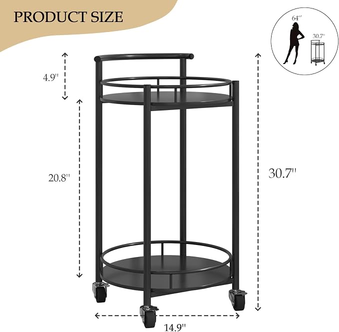 Bar Cart Black Rolling Cart for Home, 2 Tiers Bar Serving Cart Round Wine Cart - Image 2