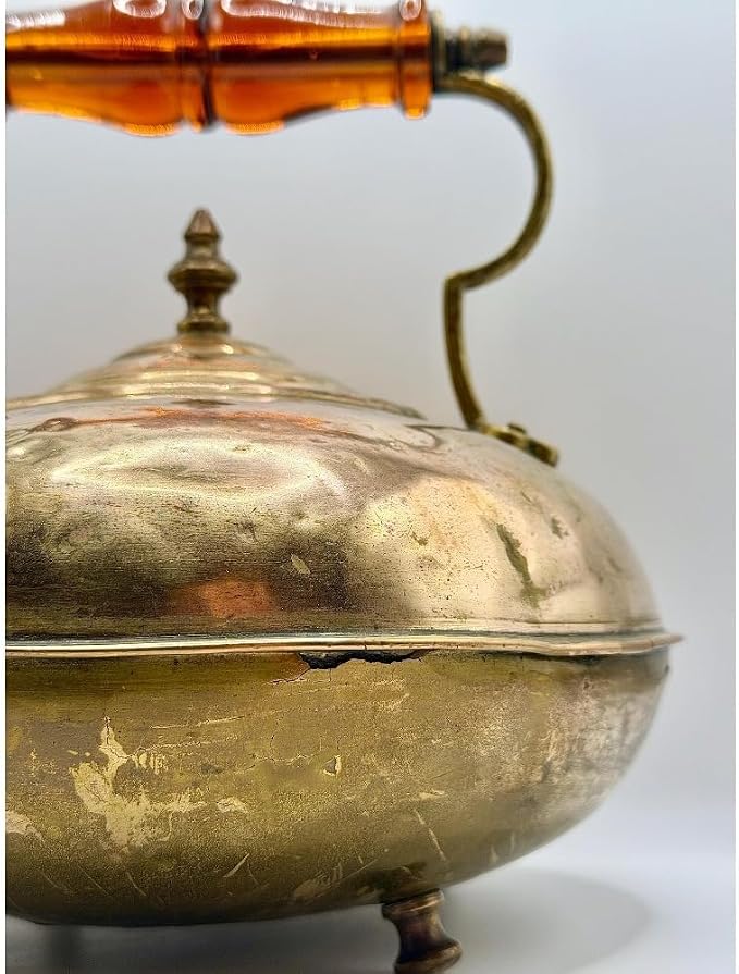 Antique Brass Toddy Kettle, Amber Handle, Footed Copper Tea Kettle, Teapot - Image 3