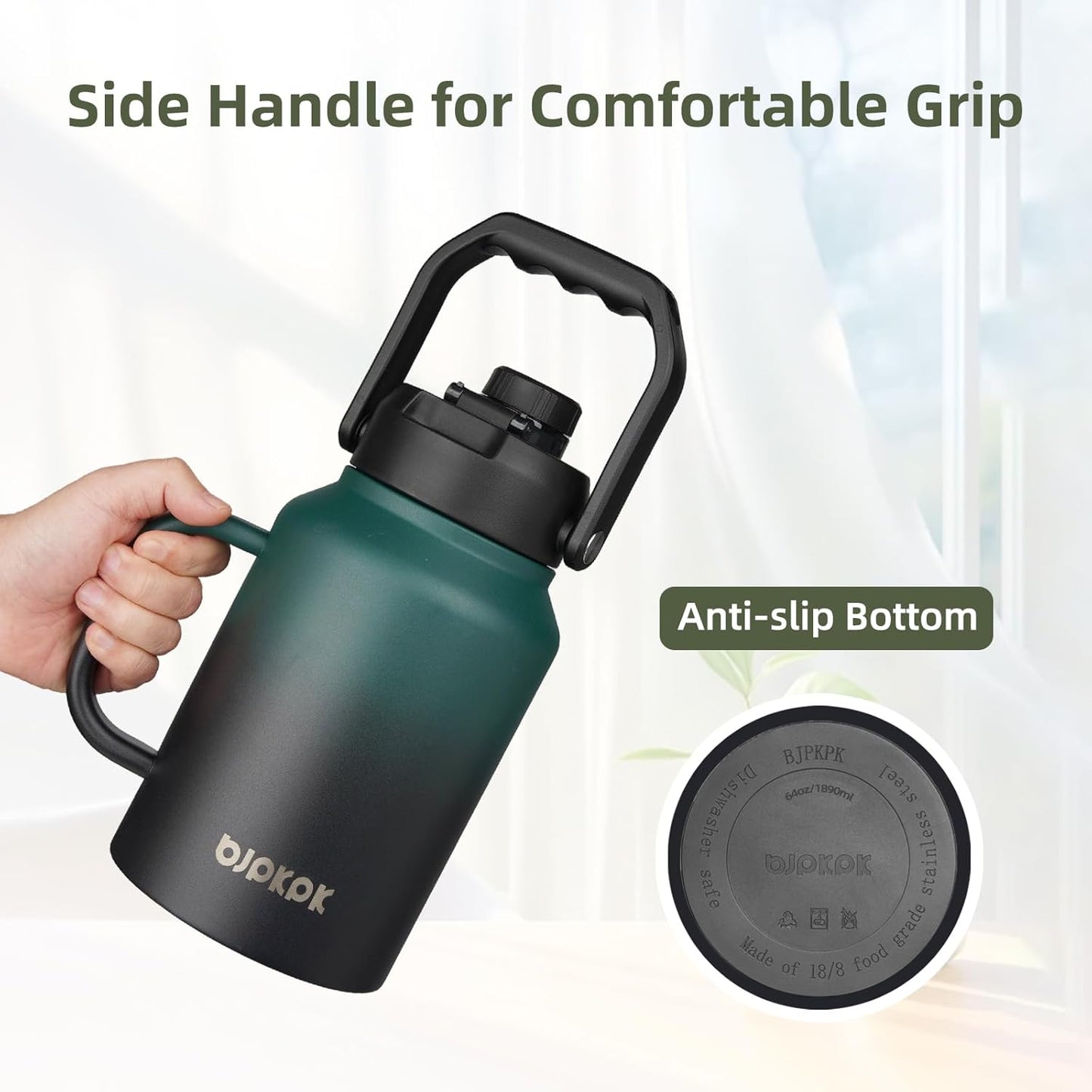 BJPKPK 64oz Insulated Water Bottle with Handle, Large Dishwasher Safe Half Gallon Water Bottle, BPA Free Water Jug, Wide Mouth Metal Water Bottle with Anti-slip Bottom, Keep Cold & Hot, Black