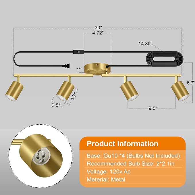 Plug in Track Lighting LED, Track Lighting Fixtures Ceiling Gold, 4-Light - Image 4
