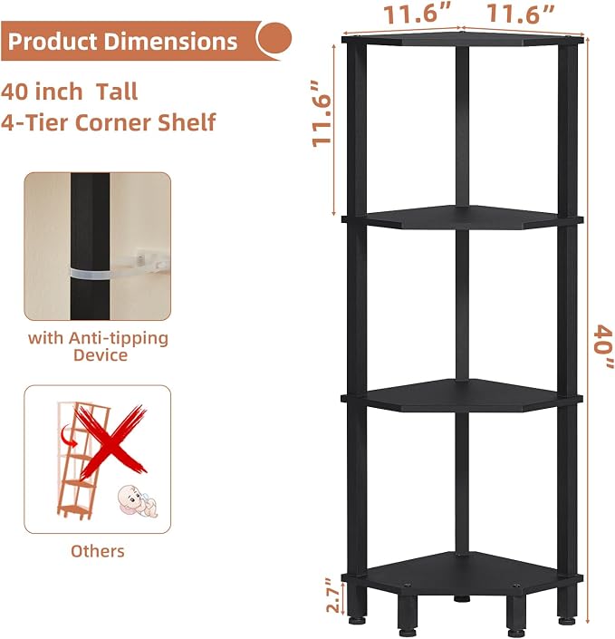 YUFAM 4-Tier Corner Shelf with Sturdy 5-Leg Base, Wooden Corner Bookshelf - Image 2