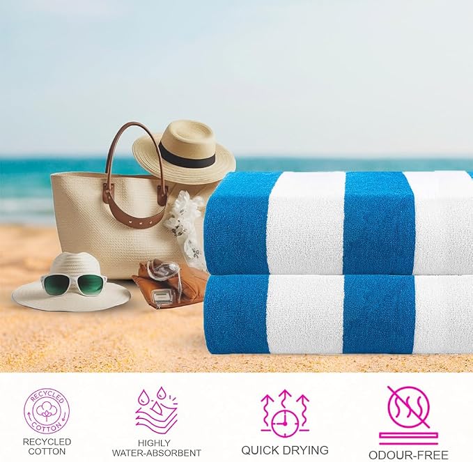 CASA COPENHAGEN Cabana Towels 2Pcs Turquoise Designer Stripe Beach Bathsheet - Image 2