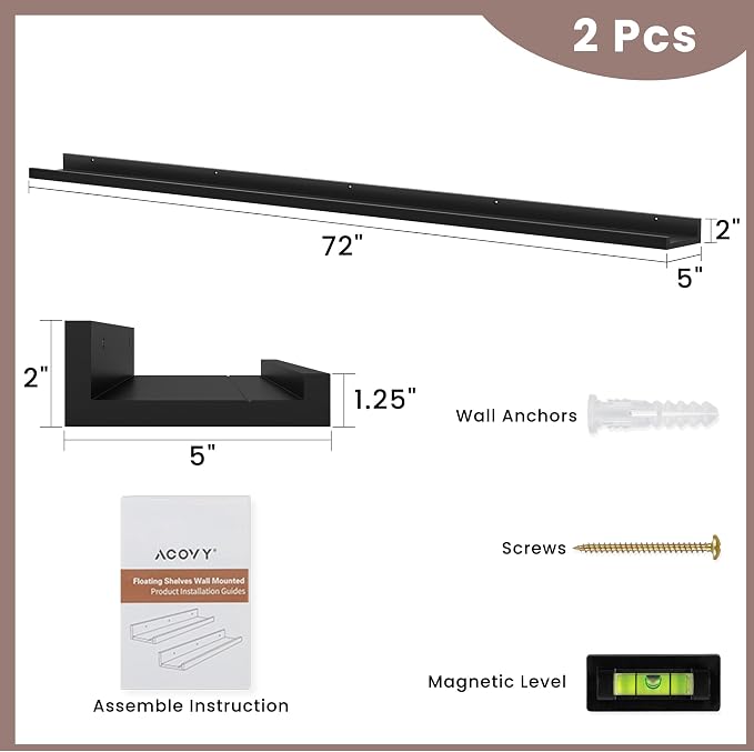 Acovy Long Floating Shelves for Wall, 72 inch Solid Wood Picture Ledge Shelf - Image 3
