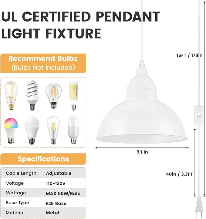 Plug in Pendant Light, 15FT Hanging Lights, On/Off Switch, Industrial Pendant - Image 3